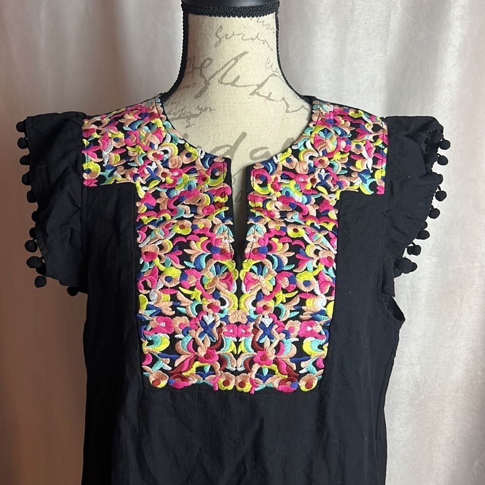 Floral Embroidered Ruffle Dress Size Large Black Short Sleeve Brand new - Picture 6 of 8